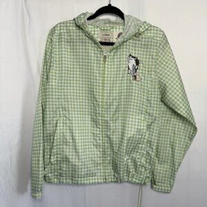 LL Bean Jacket Womens M Green Gingham Check Hooded Full Zip Outdoors Camping